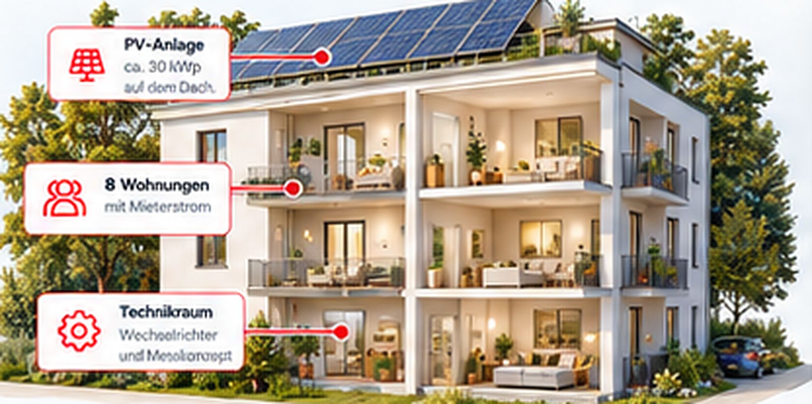 Schnitt durch ein Mehrfamilienhaus mit PV-Anlage, Wohnungen und Technikraum