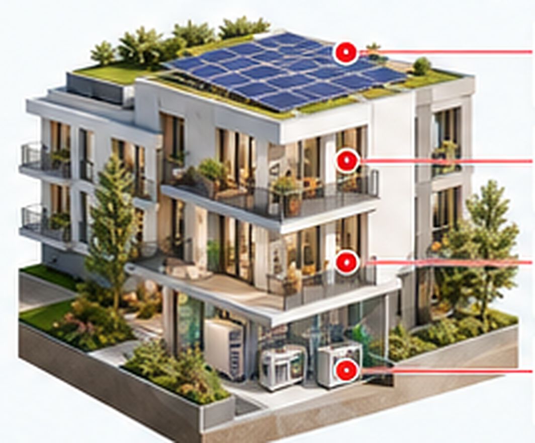 Schnitt durch einen Neubau mit PV-Dach, Wohnungen und Technik